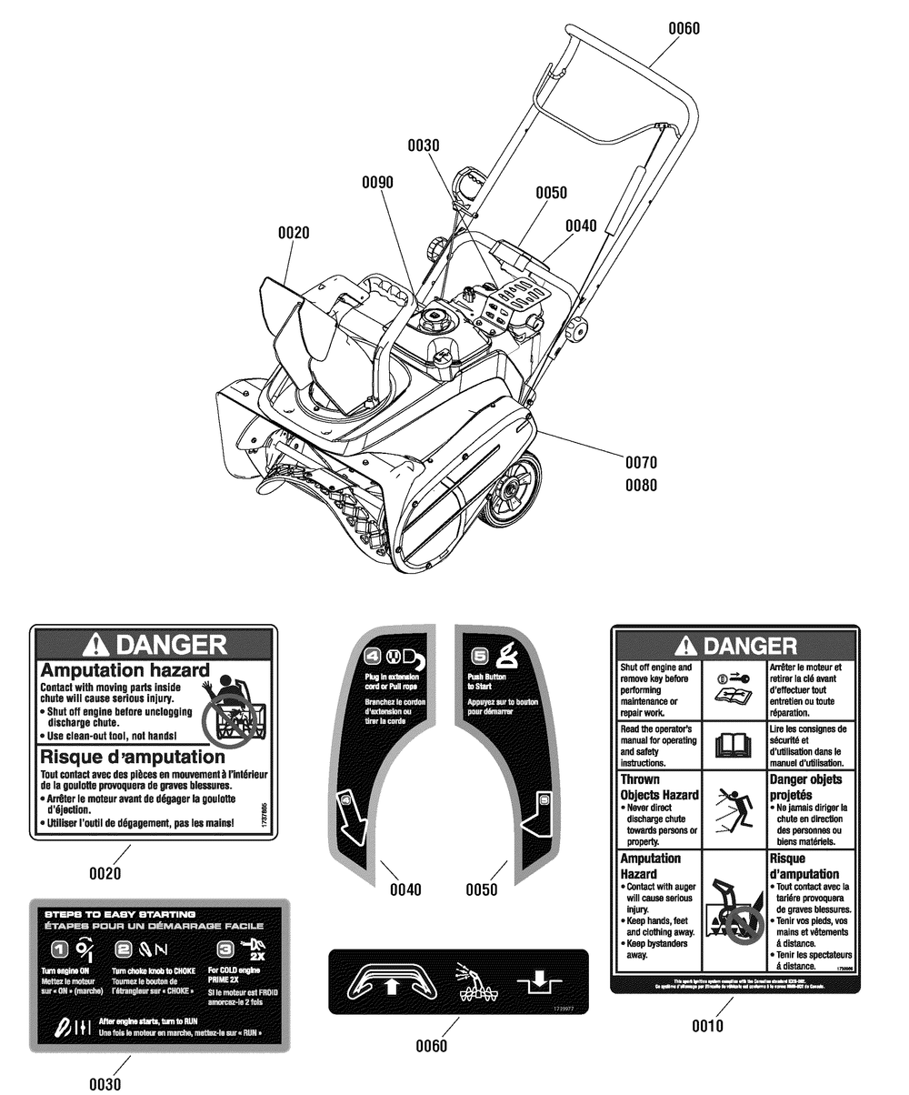 Decals Group Diagram and Parts List for 1696078 2011 Briggs and Stratton Snow Blower